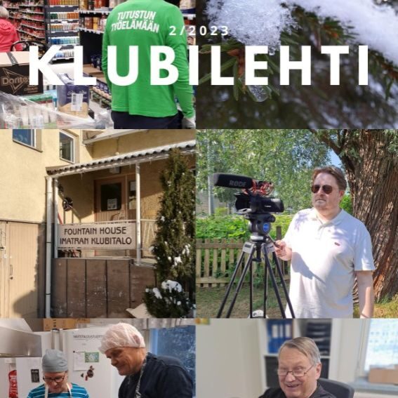 Imatran Klubitalon julkaiseman Klubilehden numero 2/2023 kansikuva, jossa kuvakollaasi talolla työskentelevistä ihmisistä.