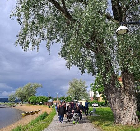 Joukko ihmisiä kävelemässä rantatietä Savonlinnassa.