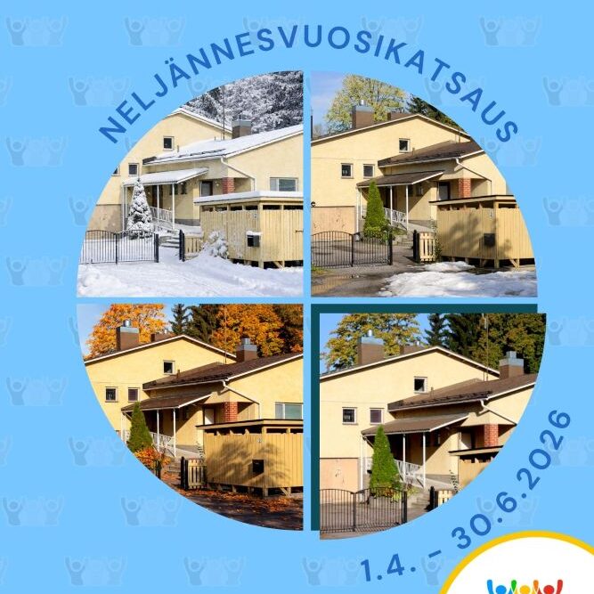 Imatran Klubitalon neljännesvuosikatsauksen 2/2026 kansikuva, jossa näkyy klubitalo neljänä eri vuodenaikana.
